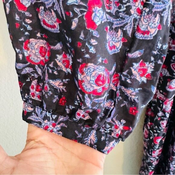 XiRENA Annieka Long Sleeve Belted Tie Midi Dress Silk Blend Floral Black Small - Picture 9 of 16